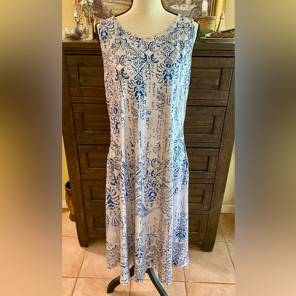 Blue and White Printed Maxi Dress